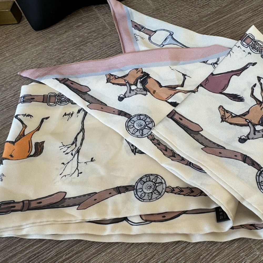 Elegant Equestrian Print Scarf in Cream and Brown - Picture 2 of 3